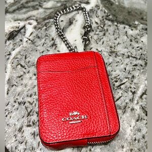 Coach Red Pebbled Leather Zip Card Case Wallet with Metal Chain